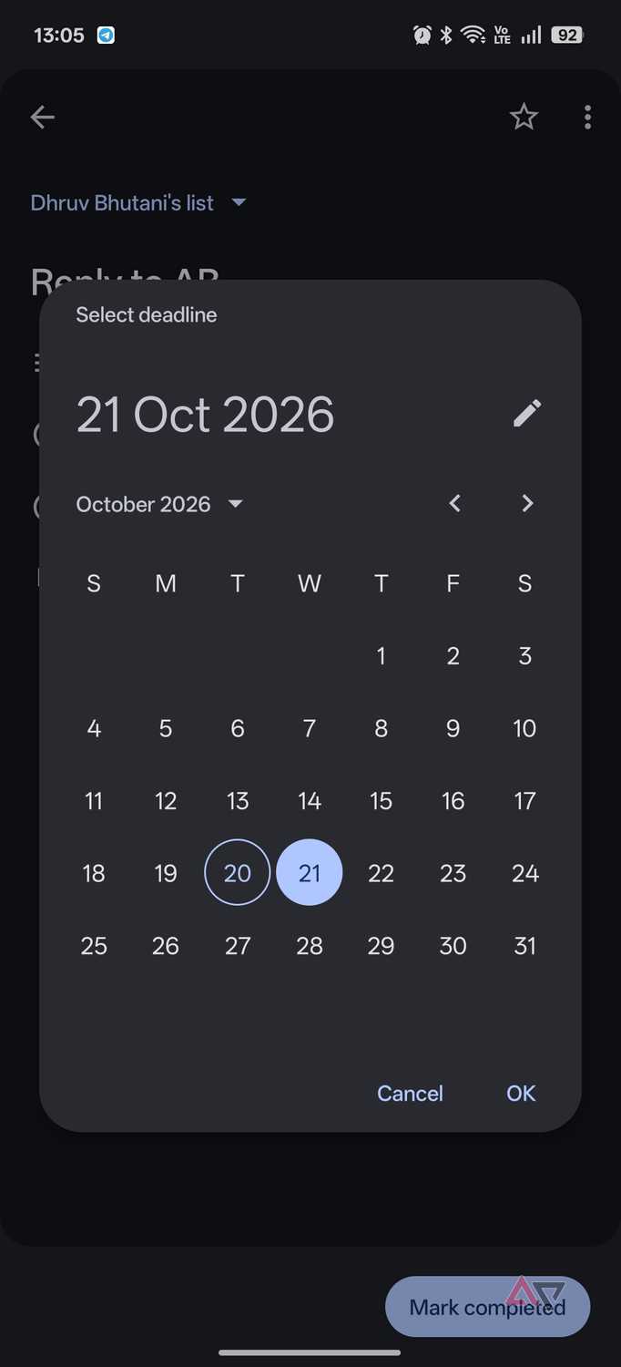 Google Tasks setting deadline