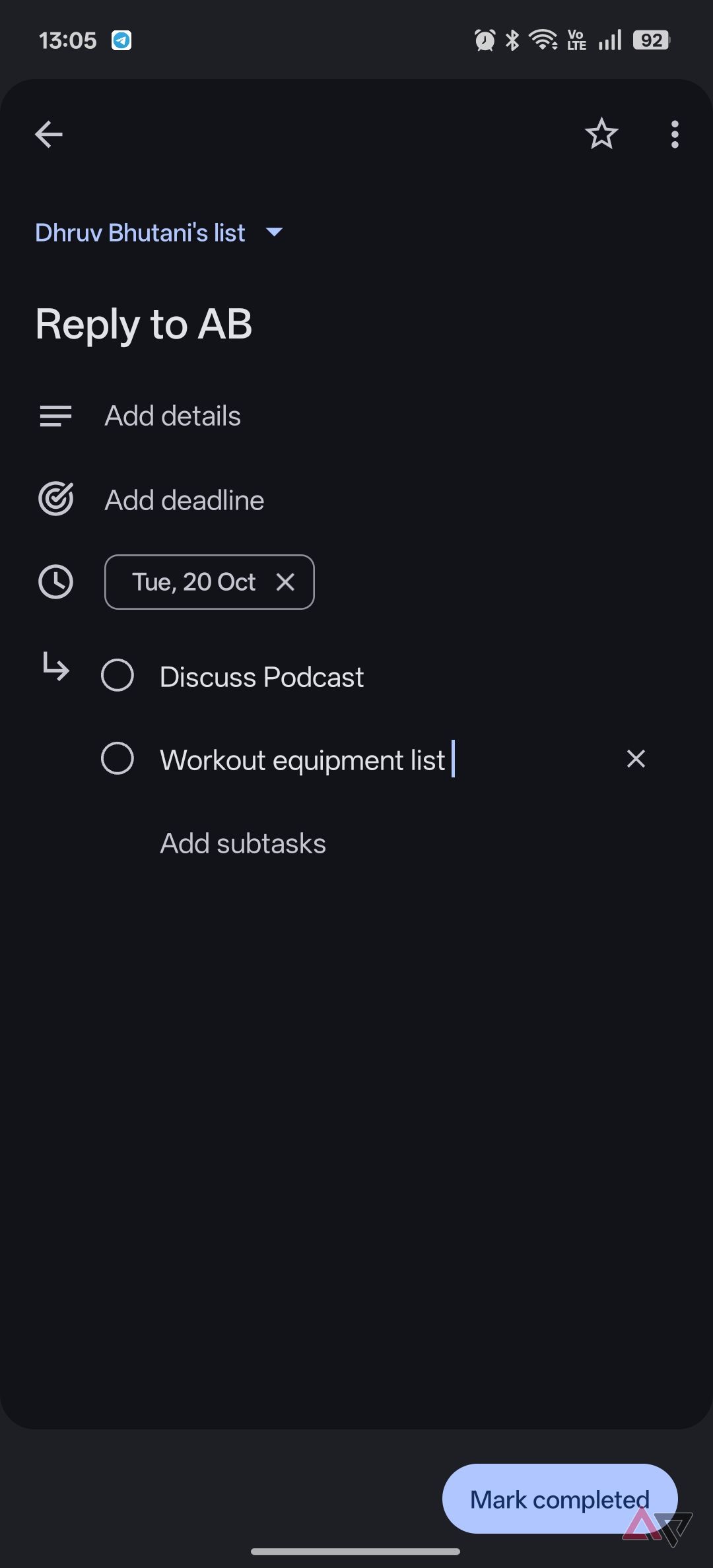Google Tasks subtasks