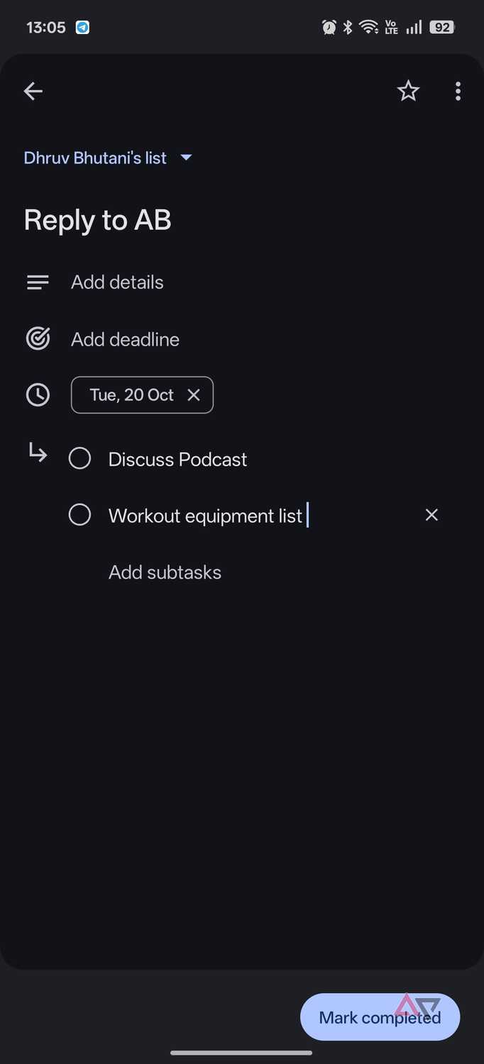 Google Tasks subtasks