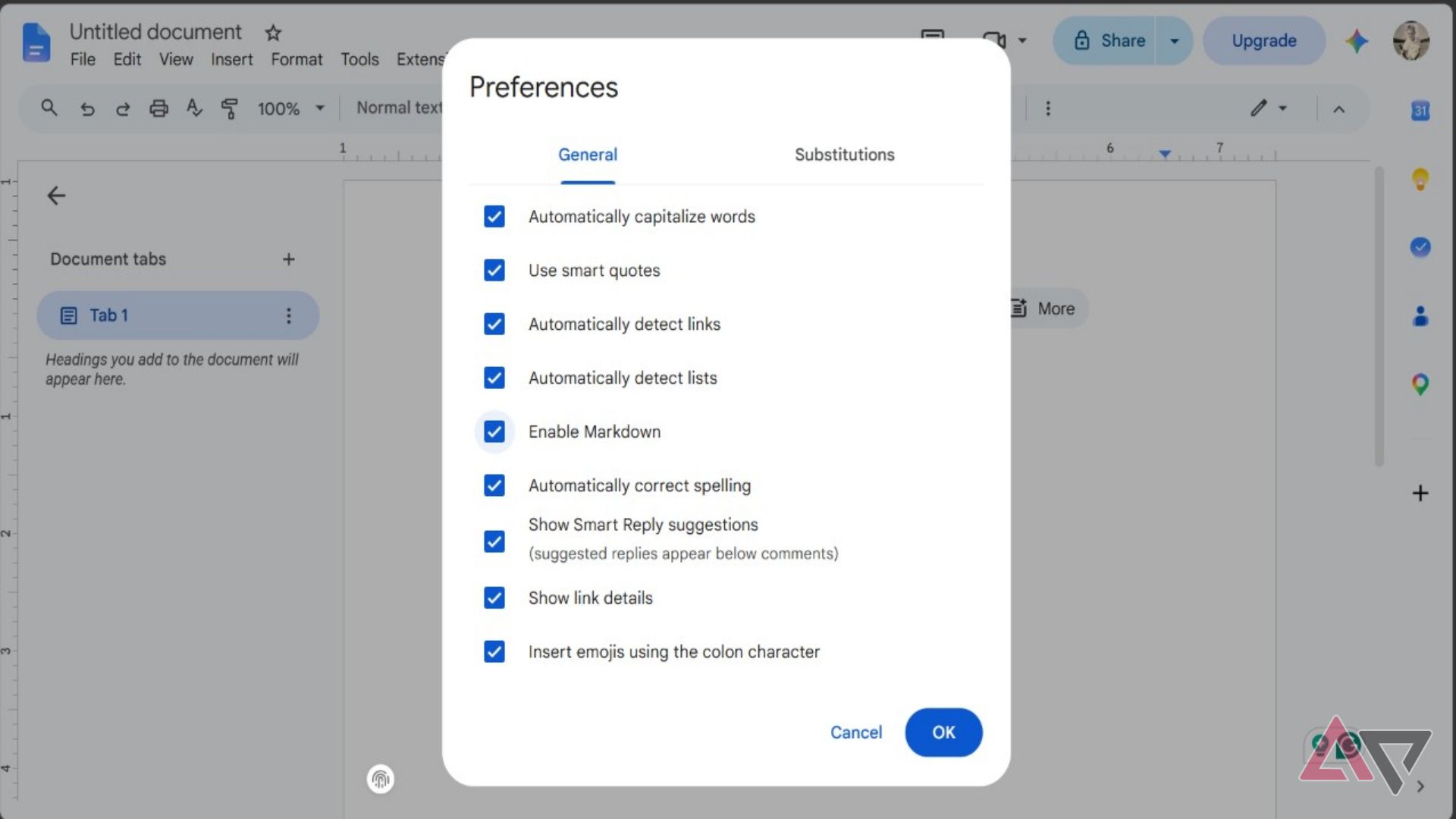 Screenshot showing the Markdown checkbox in Google Docs' Preferences 