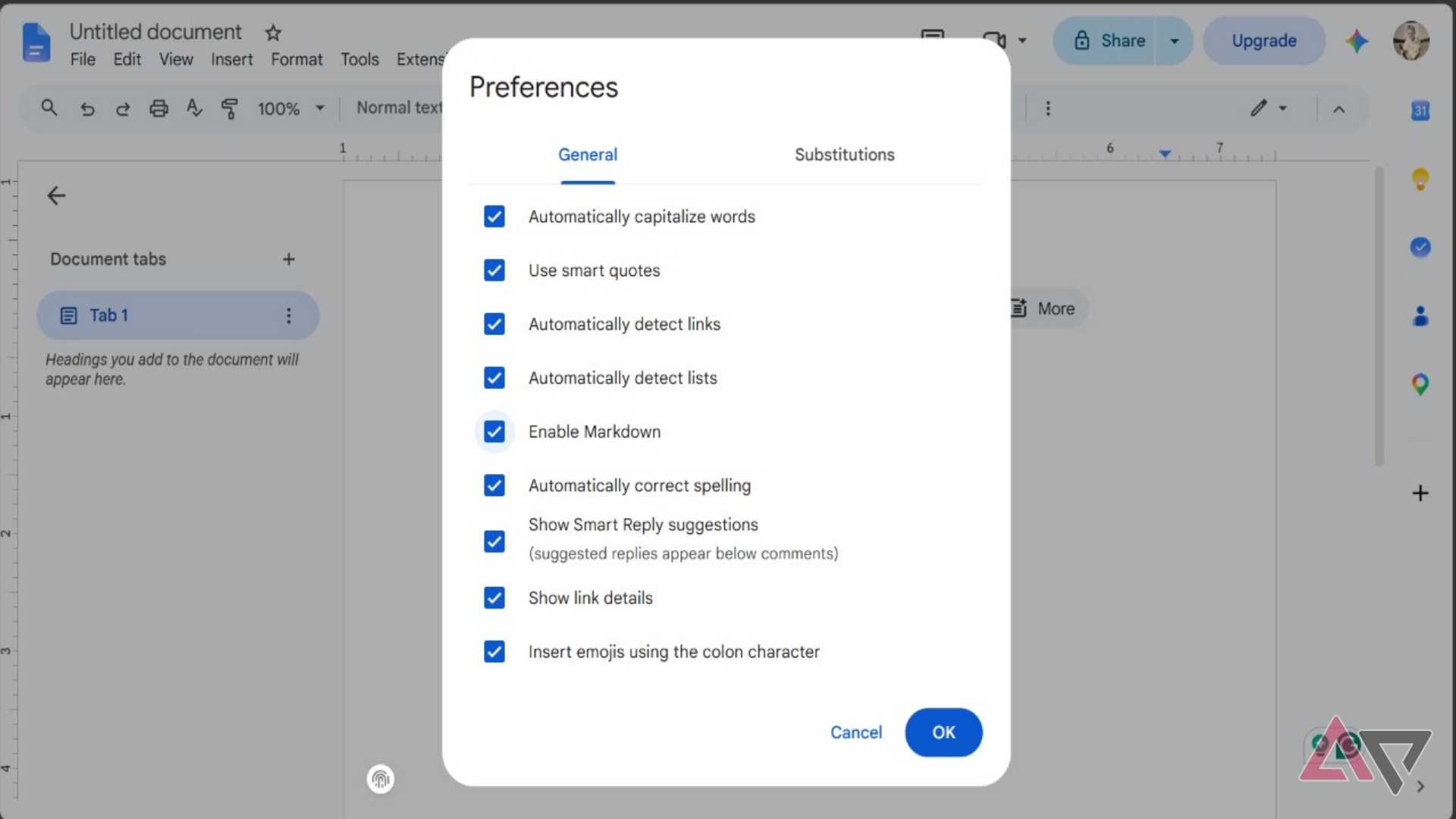 Screenshot showing the Markdown checkbox in Google Docs' Preferences