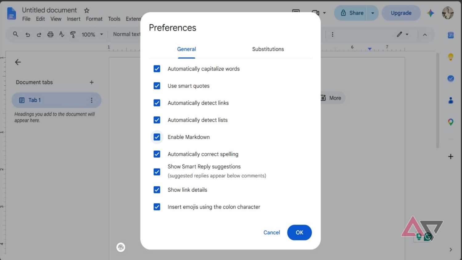 Screenshot showing the Markdown checkbox in Google Docs' Preferences