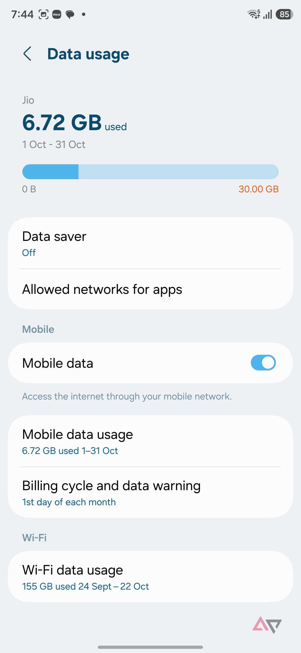mobile data menu on Samsung