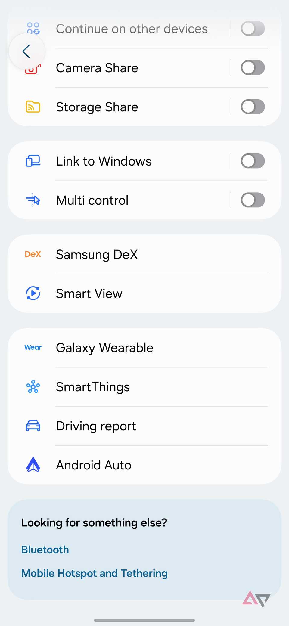 Connected devices menu on Samsung