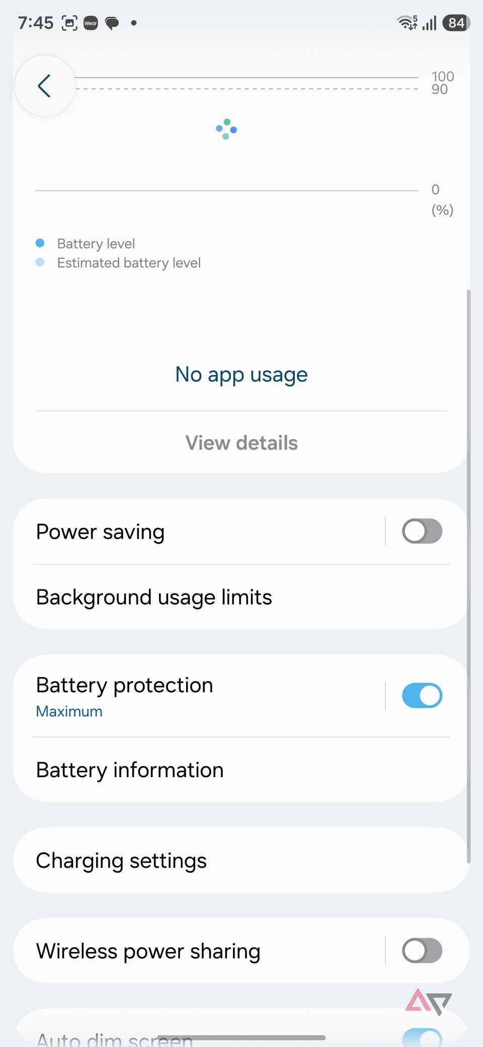 Battery menu on Samsung phone
