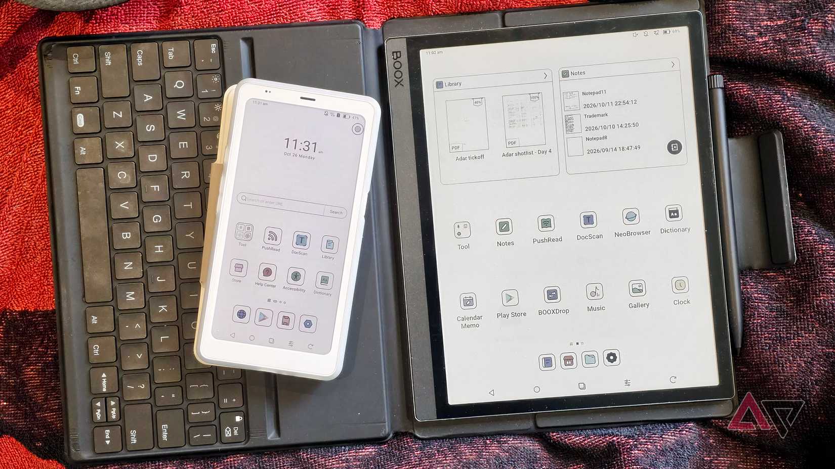 The Onyx Palma 2 Pro next to the Boox Tab Ultra C, both showing their home screens.