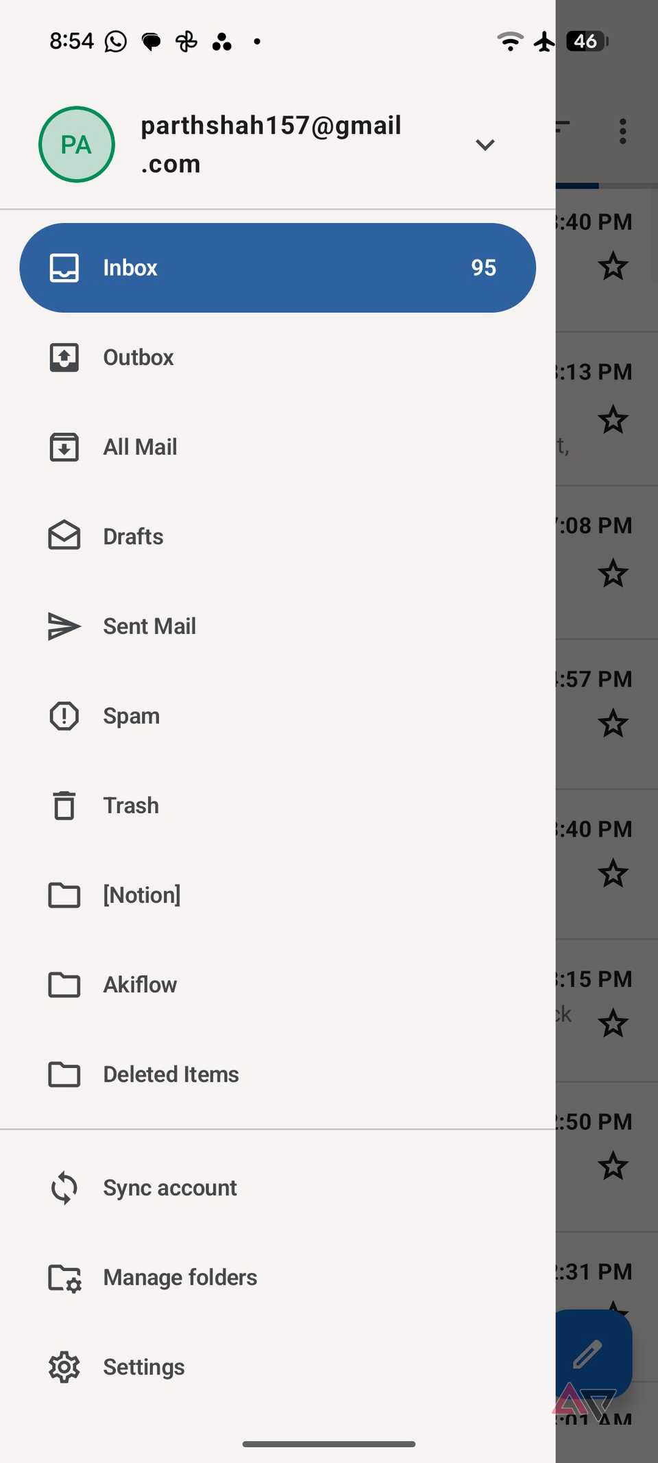 Thunderbird side menu