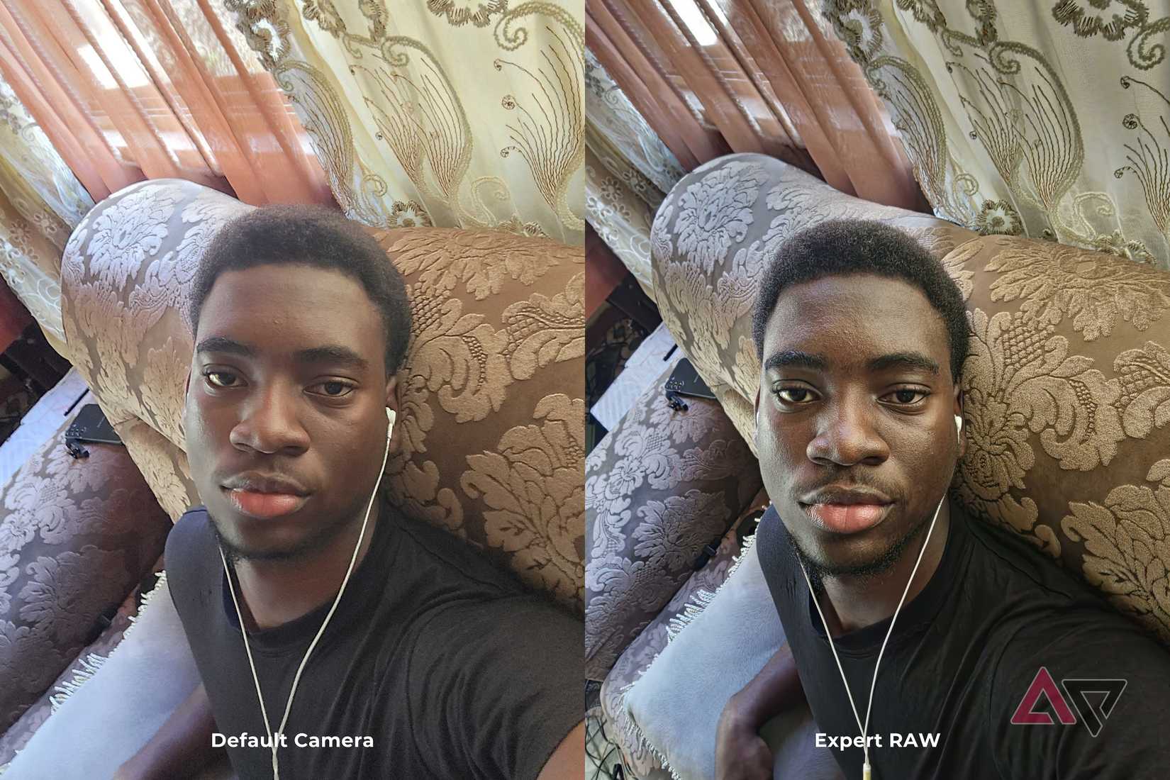 Two selfies side by side of a man in a black T shirt and white earphones on a floral sofa, labeled Default Camera on the left and Expert RAW on the right, with the Expert RAW shot showing more contrast and skin texture