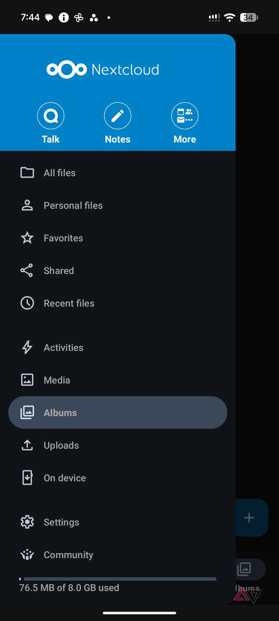 Menù laterale Nextcloud