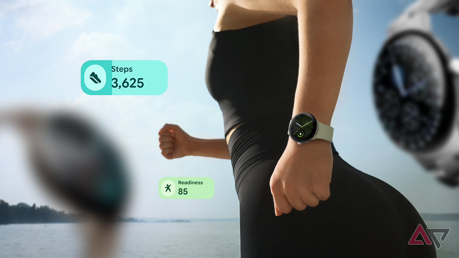 Runner wearing a Google Pixel Watch 5, with floating steps and readiness stats.