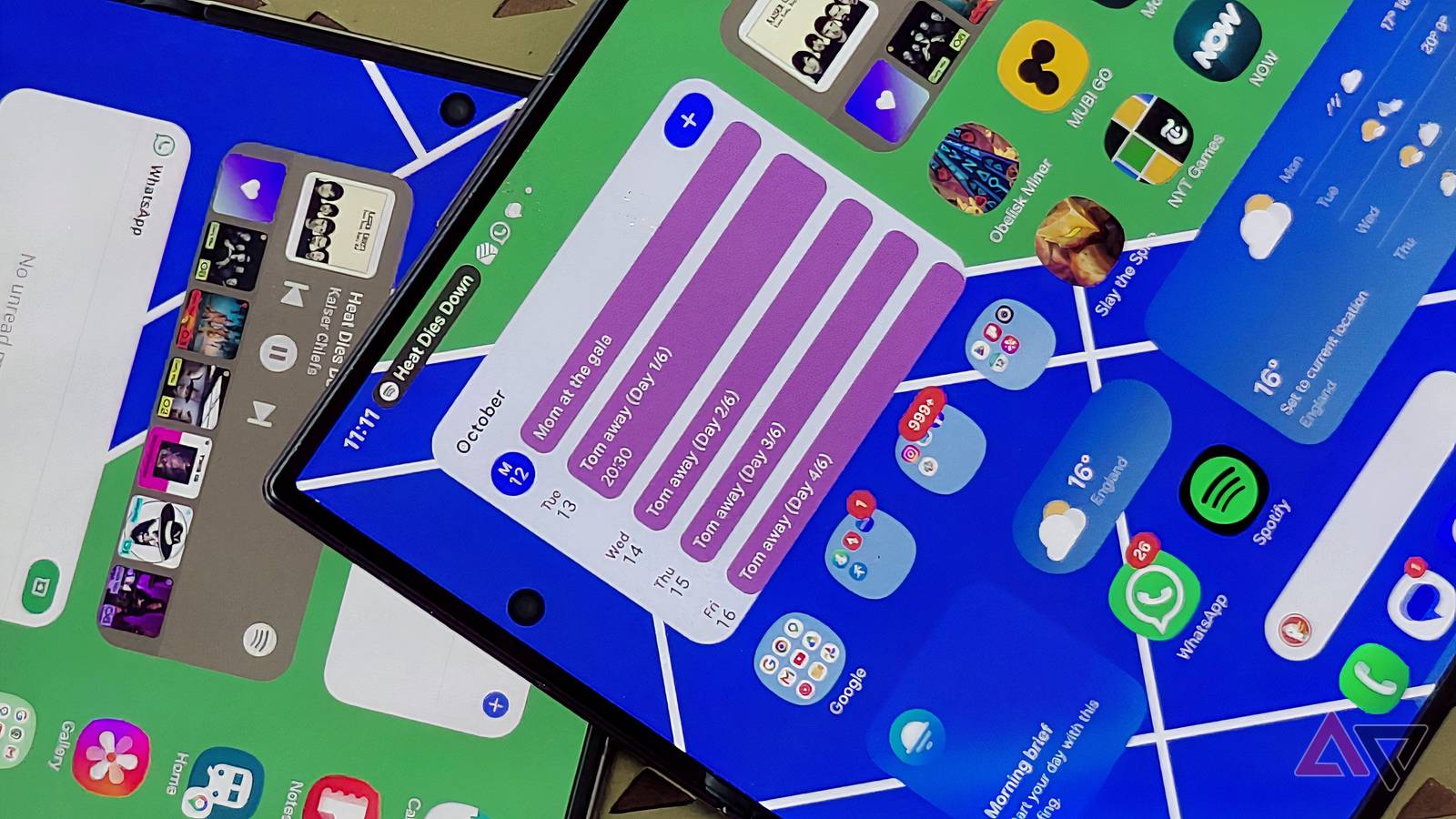 A Samsung Galaxy Z Fold 8 Ultra atop a Samsung Galaxy Z Fold 8, both unfolded.