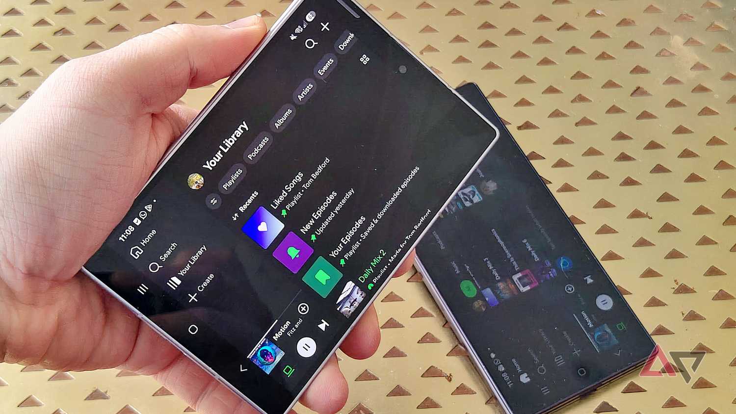 Samsung Galaxy Z Fold 8 on Spotify, rotated wrongly, above a Samsung Galaxy Z Fold 8 Ultra, also rotated wrongly.