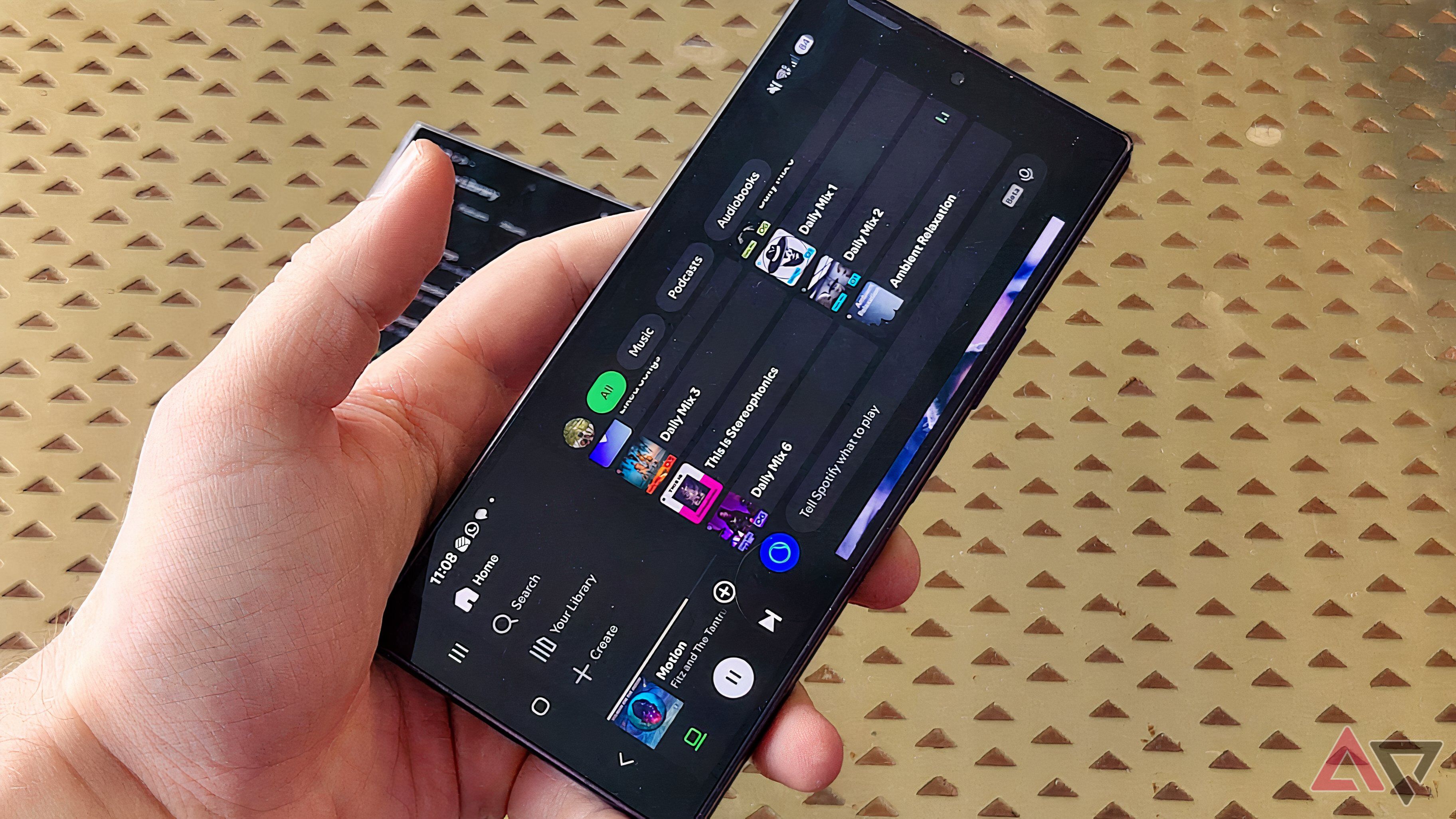 Samsung Galaxy Z Fold 8 Ultra on Spotify, rotated wrongly.