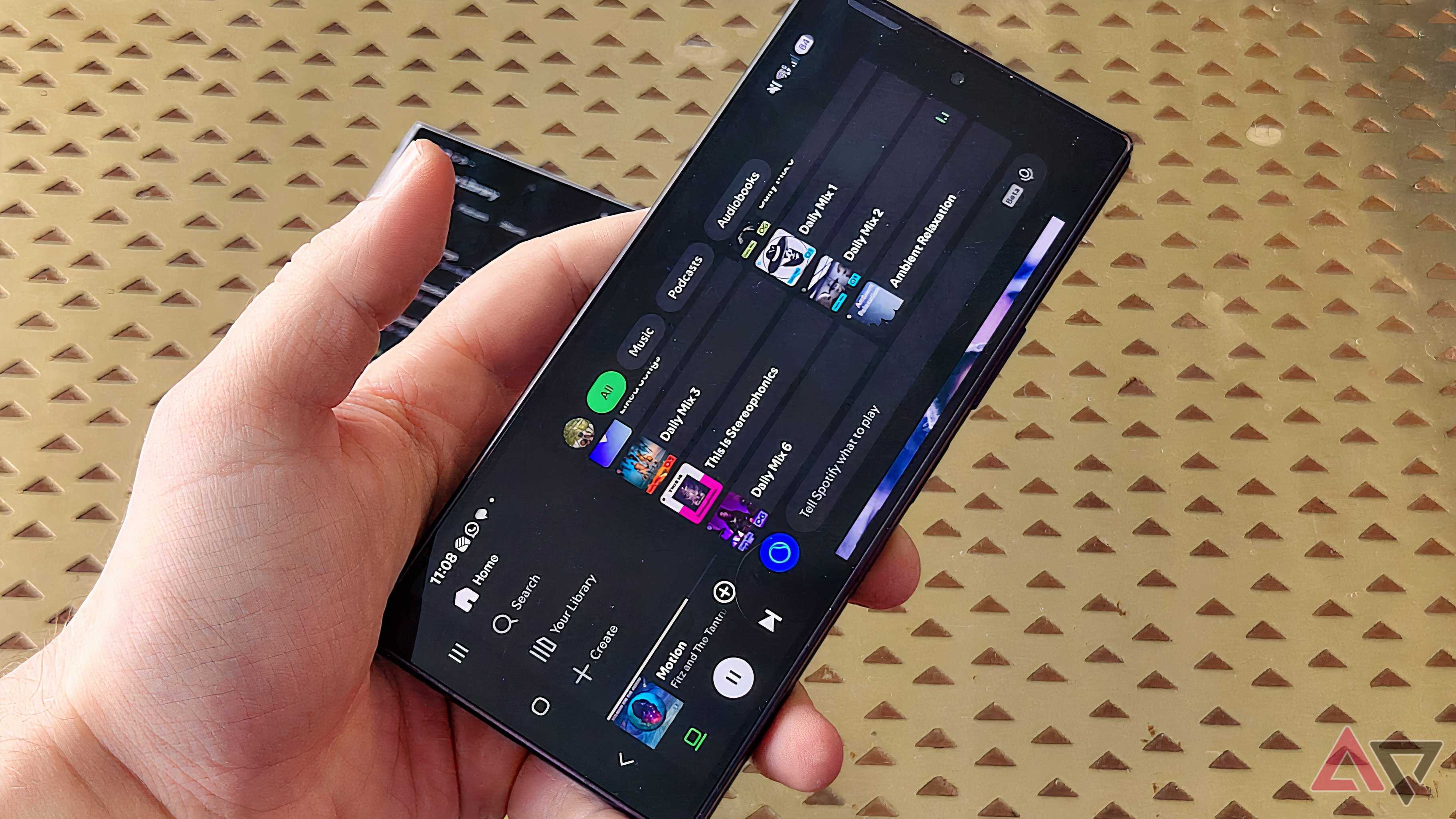 Samsung Galaxy Z Fold 8 Ultra on Spotify, rotated wrongly.