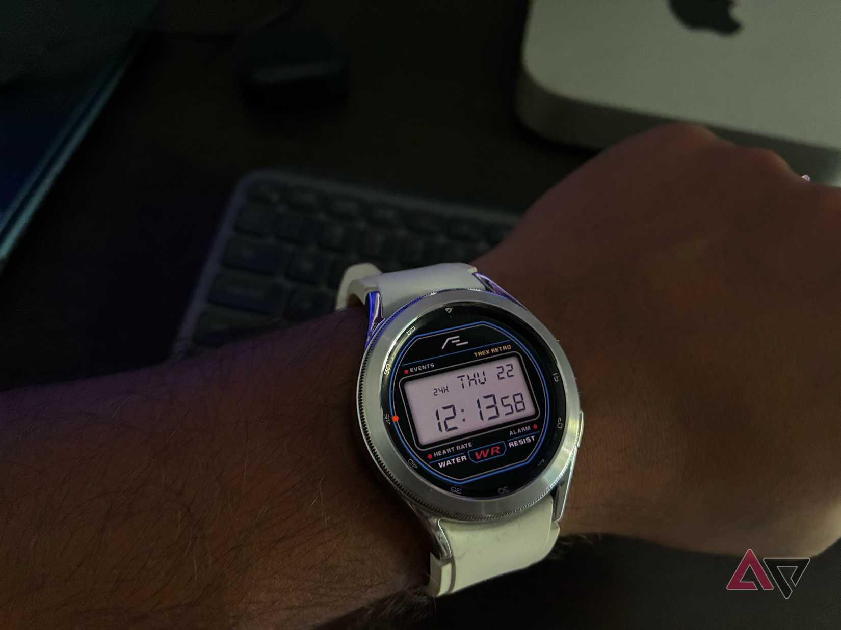 Image showing Trex Retro watch face on the Galaxy Watch 4 Classic