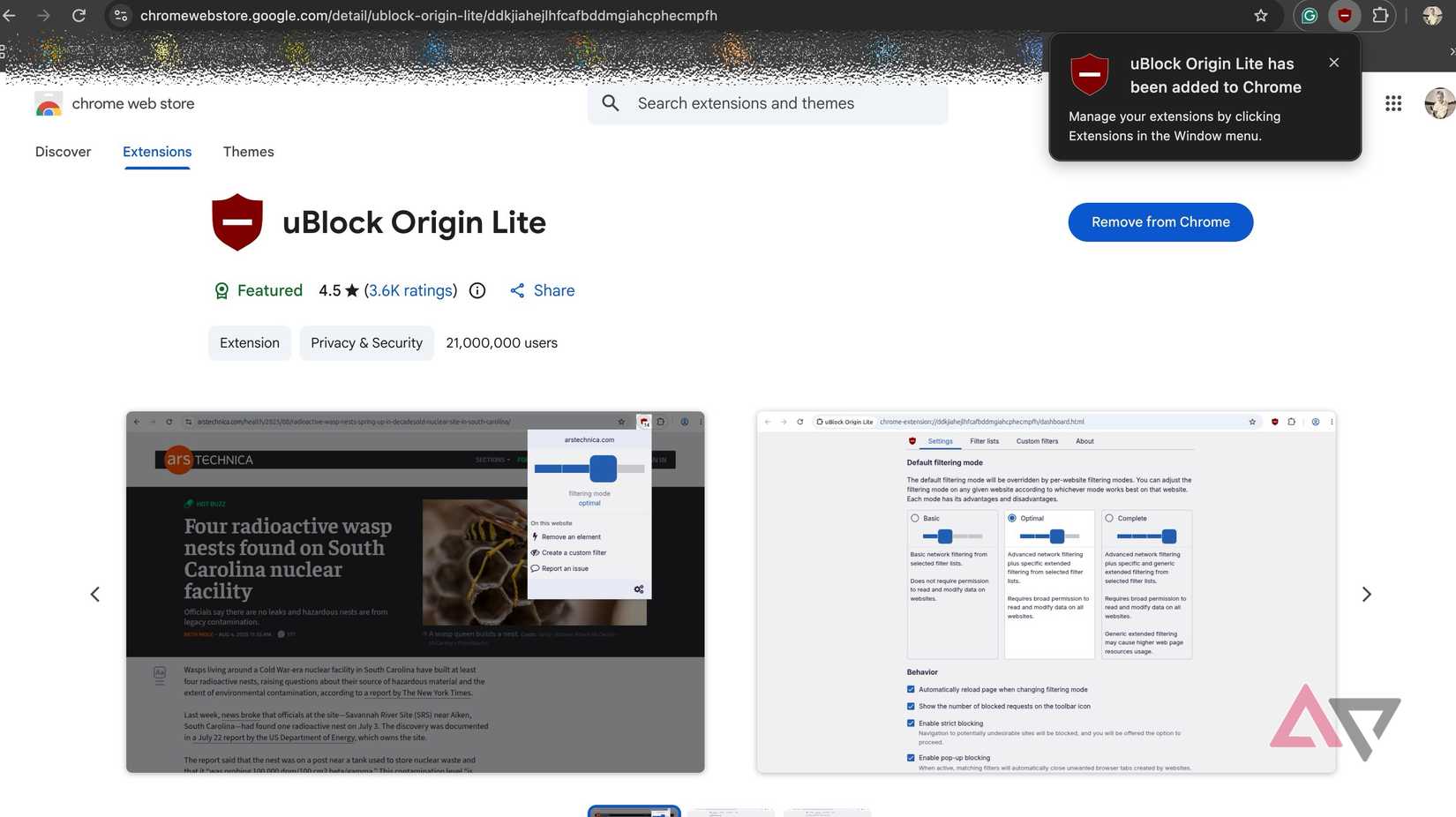 Screenshot che mostra uBlock Origin sul web store di Chrome