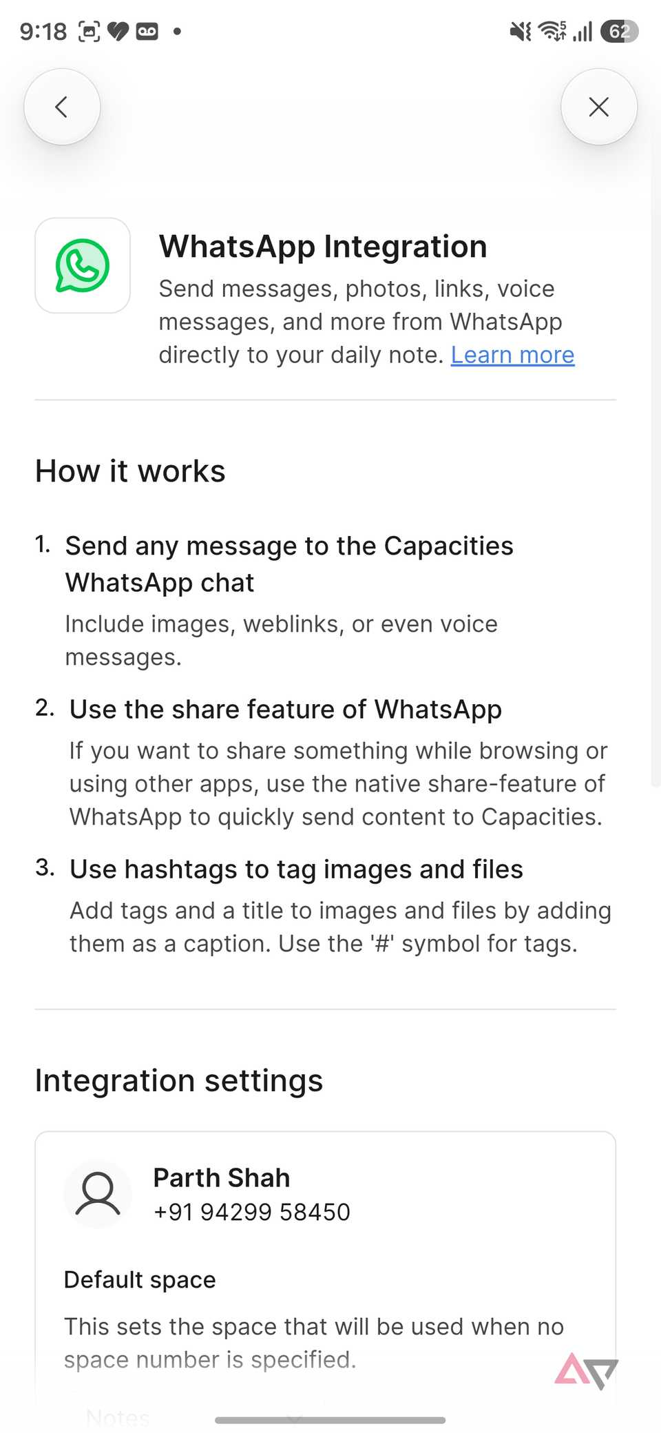 Capacities whatsapp integration