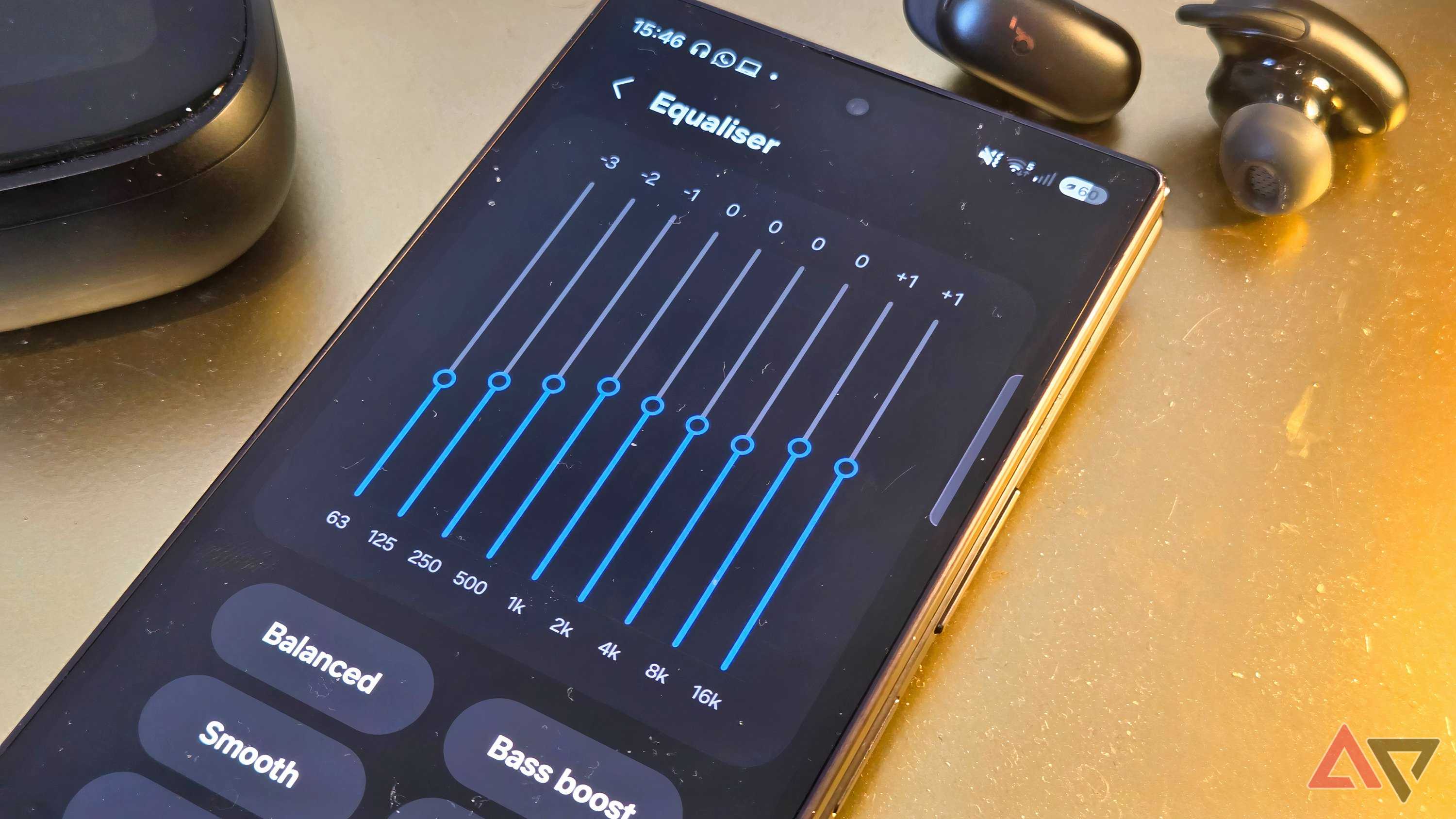 A Samsung Galaxy Z Fold 8 Ultra showing a custom EQ on YouTube Music.