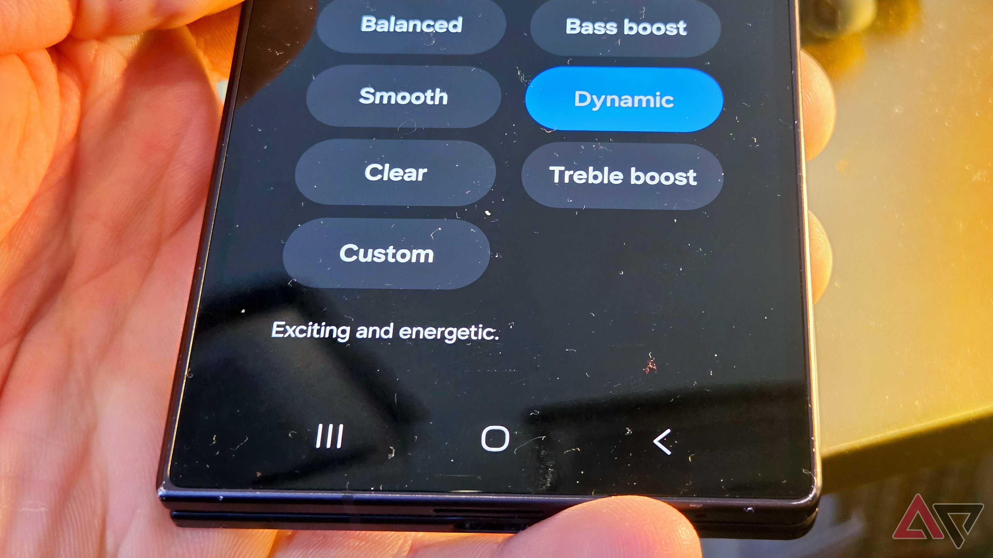A Samsung Galaxy Z Fold 8 Ultra showing the YouTube Music EQ presets.