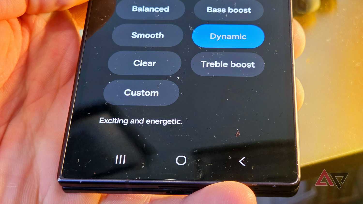 A Samsung Galaxy Z Fold 8 Ultra showing the YouTube Music EQ presets.
