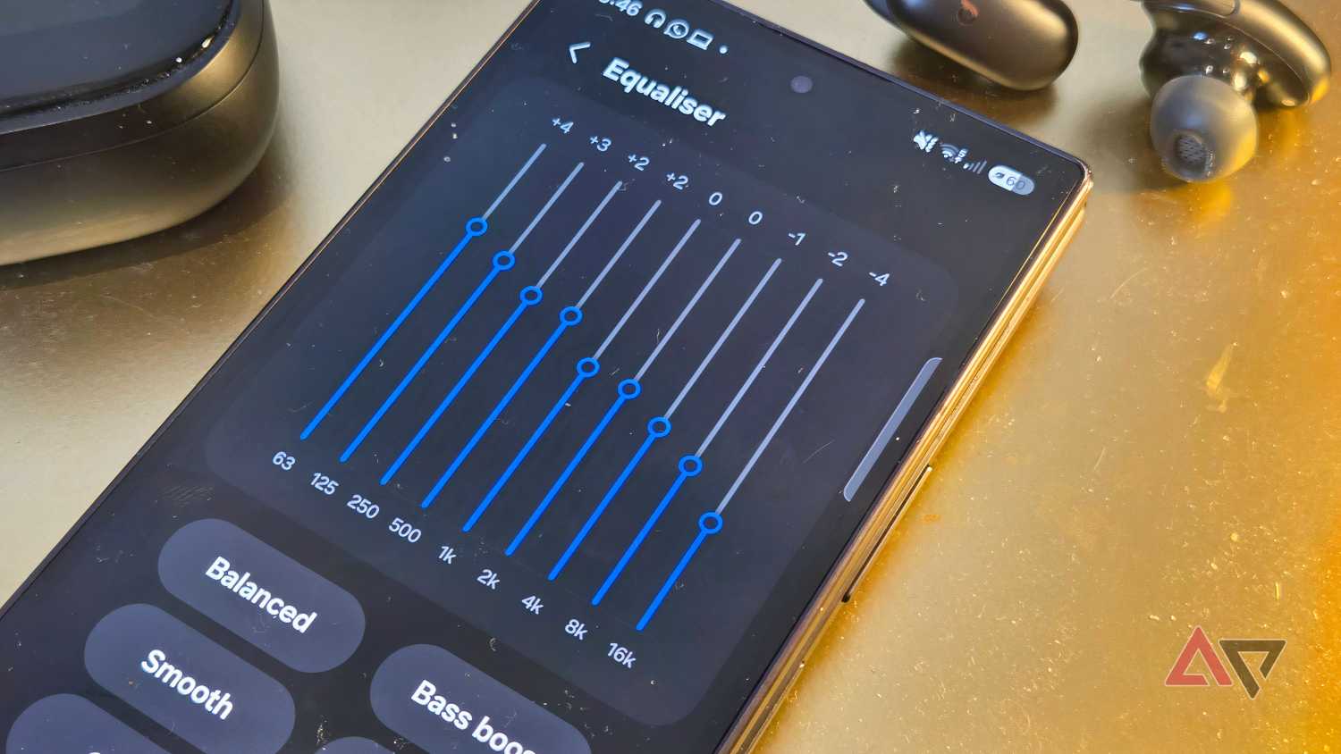 A Samsung Galaxy Z Fold 8 Ultra showing a custom EQ on YouTube Music.