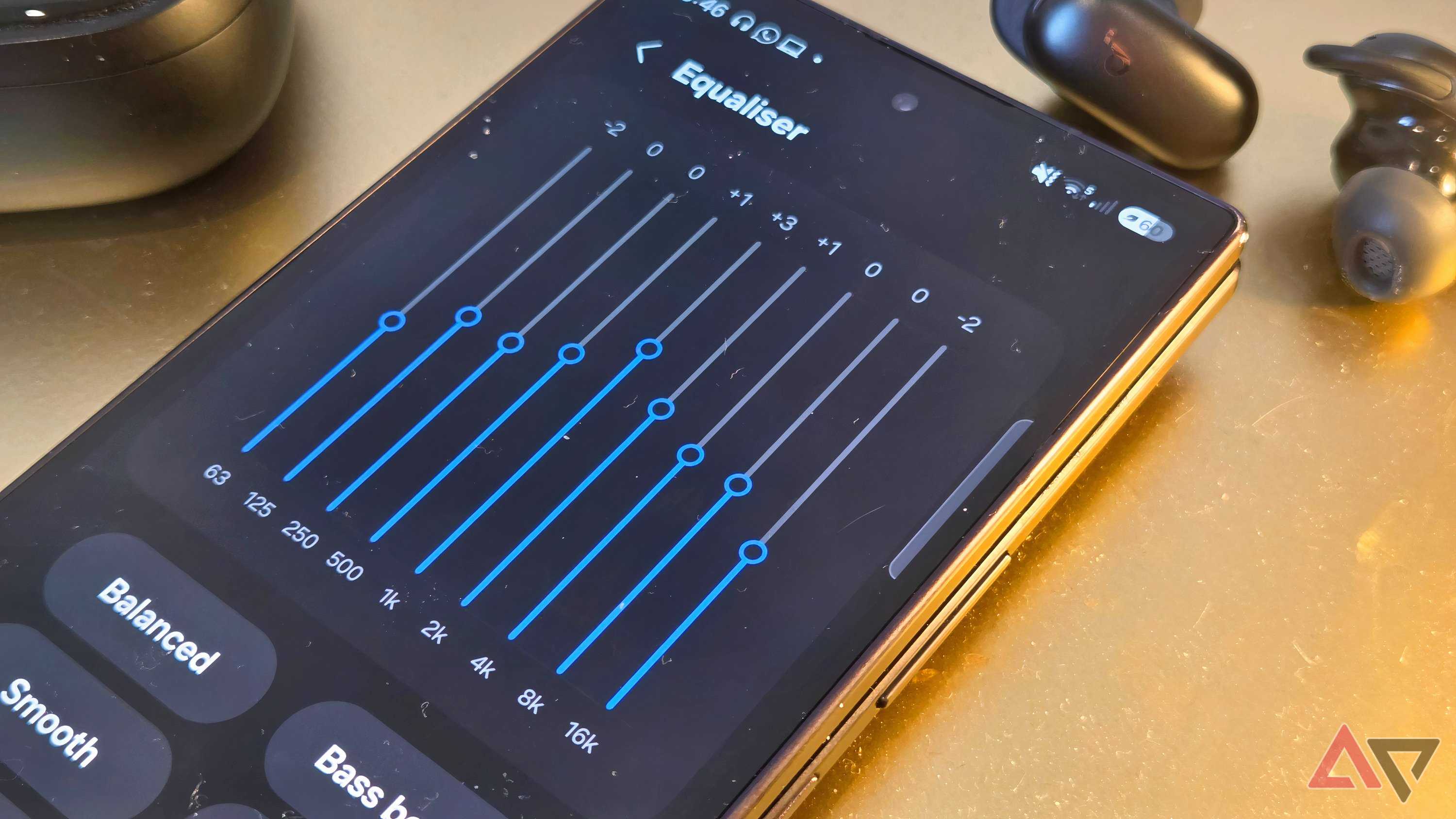 A Samsung Galaxy Z Fold 8 Ultra showing a custom EQ on YouTube Music.